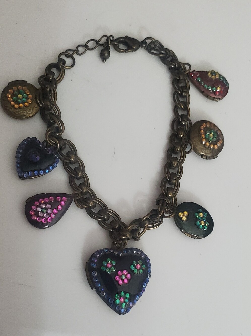 Vintage 80's Locket Heart Charm Bracelet Rhinestones Antiqued Bronze Victorian